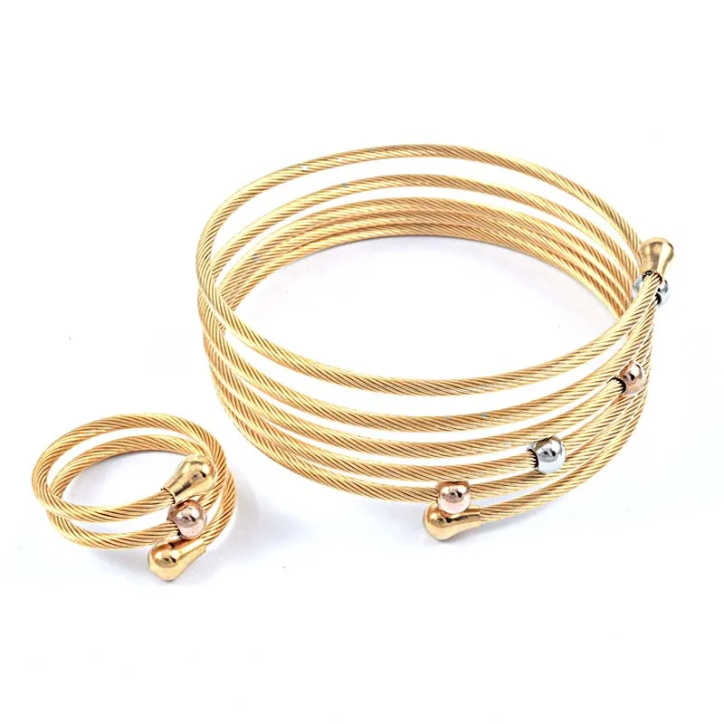 Fashion Women Multilayers Cable Silver Rose Gold Stainless Steel Beads Charm Twisted Cable Wire Wrap Bracelet Ring Jewelry Sets
Fashion Women Multilayers Cable Silver Rose Gold Stainless Steel Beads Charm Twisted Cable Wire Wrap Bracelet Ring Jewelry Sets