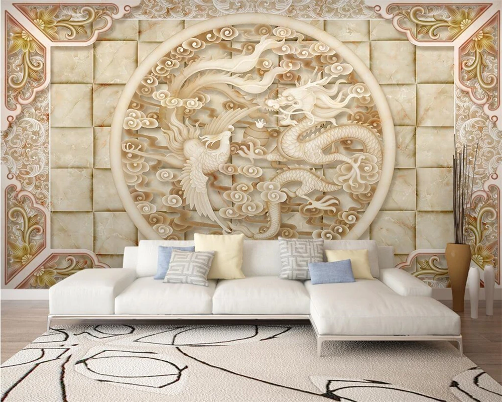 

Beibehang Custom wallpaper Dragon Phoenix pattern Embossed marble TV background walls Living room Bedroom murals 3d wallpaper