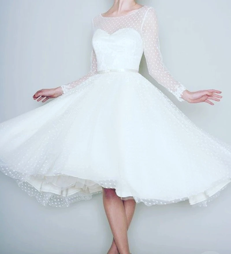 Vintage 1950s Polka Dotted Short Wedding Dress 2018 Tea Length Boho Bridal Gowns