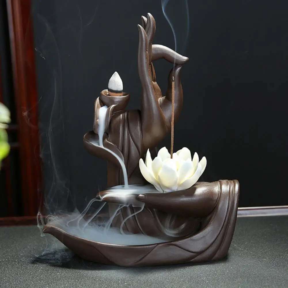 

Lotus Backflow Incense Burner Incense Cone Sticks Holder Purple Clay Buddha Hand Incense Censer Aromatherapy Home Office Decor