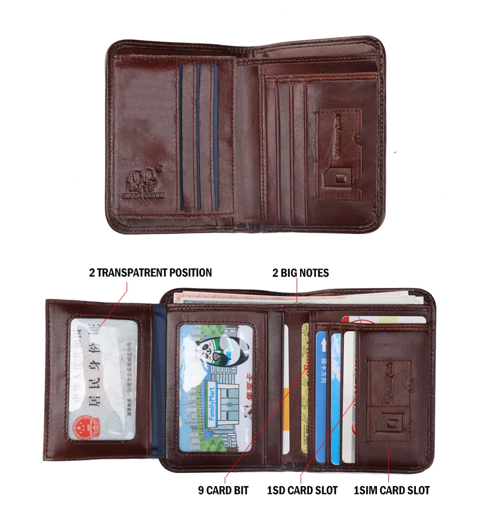 BISON DENIM Genuine Leather RFID wallet Men red brown vintage purse card holder Brand men wallets dollar price Male Purse W4361 16