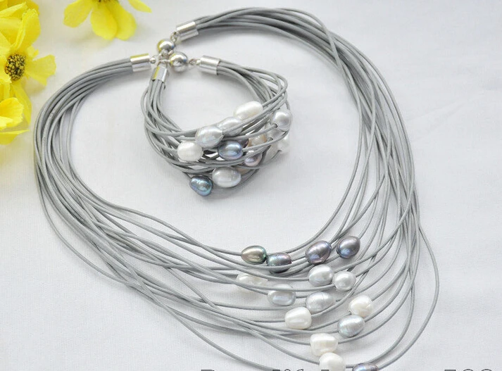 shippingz6971 15Strds 13mm white black gray rice pearl gray leather necklace & bracelet (A0513)
shippingz6971 15Strds 13mm white black gray rice pearl gray leather necklace & bracelet (A0513)