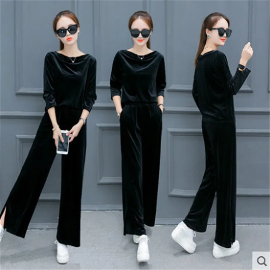 2019 Spring Ladies Tracksuit Casual Velvet Pant Suits Two Piece Set Women Tops And Track suit wide leg pants Suit
2019 Spring Ladies Tracksuit Casual Velvet Pant Suits Two Piece Set Women Tops And Track suit wide leg pants Suit