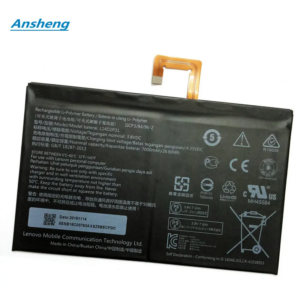 Ansheng Original High Quality 7000Mah L14D2P31 battery for Lenovo Tab 2 A7600-F A10-70F Tab2 A10-70 A10-70L Battery
Ansheng Original High Quality 7000Mah L14D2P31 battery for Lenovo Tab 2 A7600-F A10-70F Tab2 A10-70 A10-70L Battery