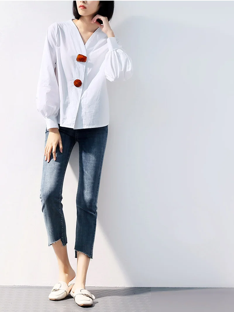 Belt Fashion Women Casual V-Neck Blouse Lantern Long Sleeve Shirt Style Korean