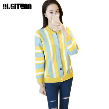 Apring/Autumn Women's Sweater Short New Color Vertical Strip knit Sweater Jacket Baseball Collar Sweater for Female SW808
Apring/Autumn Women's Sweater Short New Color Vertical Strip knit Sweater Jacket Baseball Collar Sweater for Female SW808