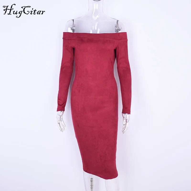 Hugcitar Suede Long Sleeve off shoulder Women mid-calf Dress 2017 Autumn Winter Female sexy Bodycon new year party Dresses 19