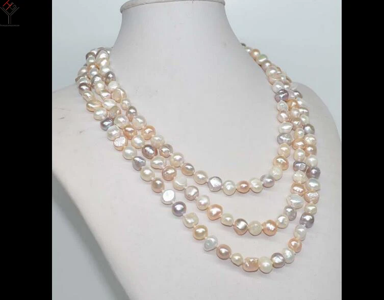 

wedding Women Jewelry 120CM / 47inch Necklace 8-9mm White Pink Purple mixed Pearl Baroque Natural Freshwater Pearl