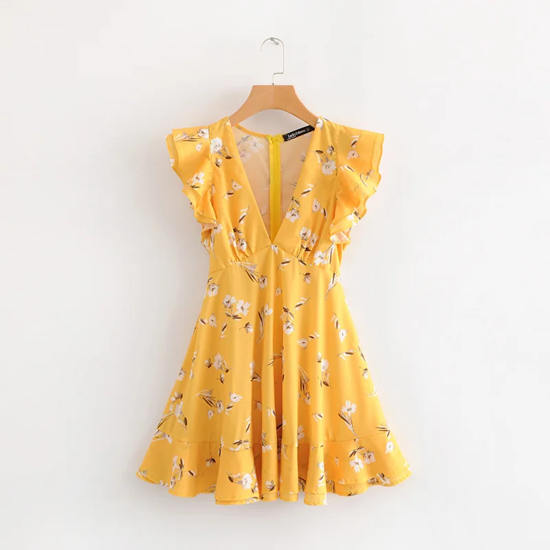 2018 Lady Sweet Floral Printed Bow Butterfly Sleeve Yellow Short dress Women V Neck Short sleeve dresses Party vestidos#N385 
2018 Lady Sweet Floral Printed Bow Butterfly Sleeve Yellow Short dress Women V Neck Short sleeve dresses Party vestidos#N385