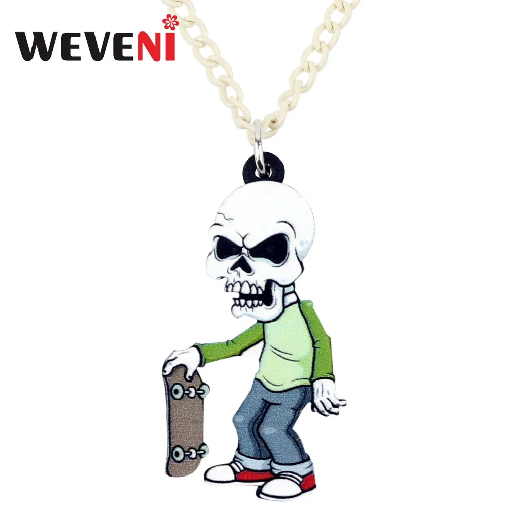 WEVENI Acrylic Anime Halloween Skateboard Skull Skeleton Necklace Pendant Chain Choker Punk Jewelry For Women Girls Party Bulk | Украшения