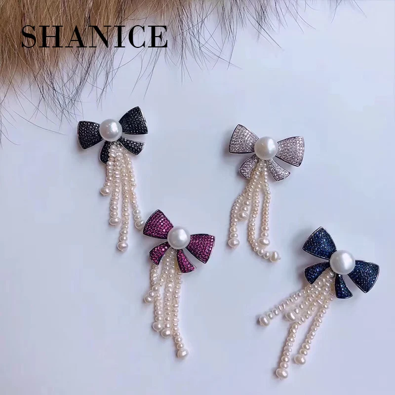 

SHANICE Vintage Blue Bow and Imitated Pearls Tassel Drop Brooches Silver Tone Micro Pave Dark Blue CZ Bowtie Tassel Pin Broach