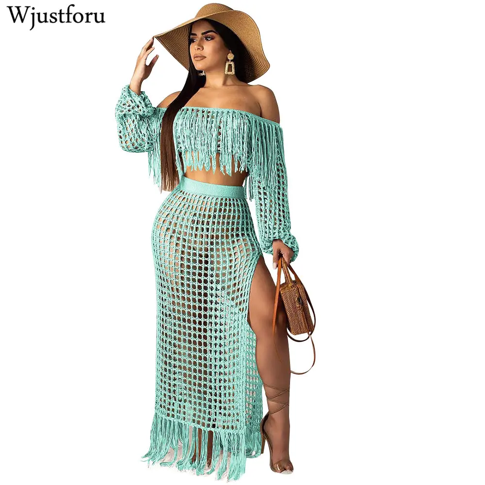 Wjustforu Sexy Tassel Two Piece Set Women Off Shoulder Grid Beach Knitting 2 Piece Set Female Strapless Tops + Elegant Skrts
Wjustforu Sexy Tassel Two Piece Set Women Off Shoulder Grid Beach Knitting 2 Piece Set Female Strapless Tops + Elegant Skrts