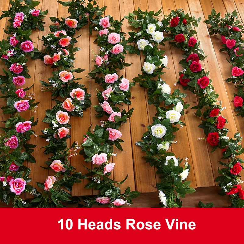 2Pcs Set-10Heads Pink Rose Garland Artificial Vines Decoration Silk Flowers Wedding Decor DIY Home Fake Foliage Ivy Leaf NNW | Дом и сад