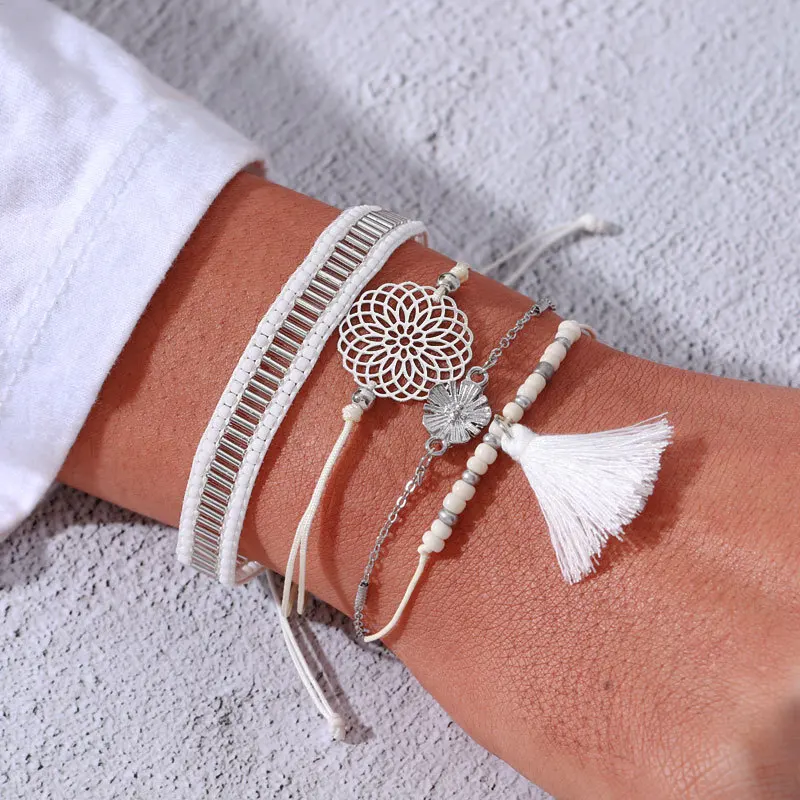 Simple Fashion Handwork Rope Chain Link Flower Bracelet White Tassel Wrap Bracelet Set Multilayer Bracelet Jewelry for Women
Simple Fashion Handwork Rope Chain Link Flower Bracelet White Tassel Wrap Bracelet Set Multilayer Bracelet Jewelry for Women