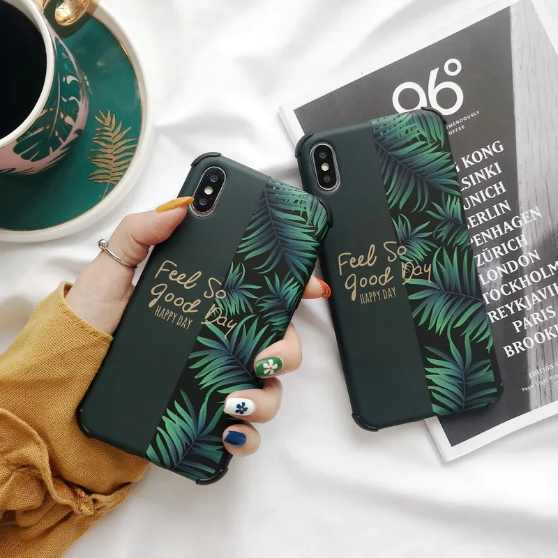 

Shockproof IMD Silicon Case For iPhone 7 XR XS Max Banana Leaf Patterned Matte Back Cover For iPhone X 10 8 6s 6 s Plus Coque