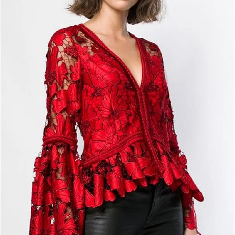 Zim High Quality 2018 Fashion V-neck Hollow Out Embroidery Red Lace Women Blouse Tops
Zim High Quality 2018 Fashion V-neck Hollow Out Embroidery Red Lace Women Blouse Tops