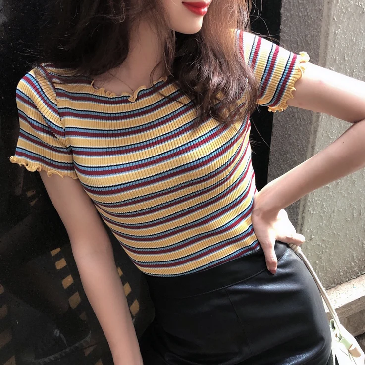 New Women Shirts Striped Short Sleeve Knitting Slim Agaric Side Wind Blouse Shirt Pink Blue Yellow 8032
New Women Shirts Striped Short Sleeve Knitting Slim Agaric Side Wind Blouse Shirt Pink Blue Yellow 8032