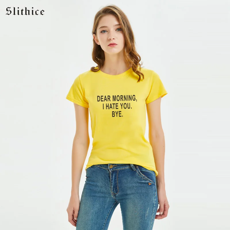 Slithice DEAR MORNING I HATE YOU BYE Funny Letter Print Women T-shirts Graphic streetwear Casual Summer Tshirt gift for lady
Slithice DEAR MORNING I HATE YOU BYE Funny Letter Print Women T-shirts Graphic streetwear Casual Summer Tshirt gift for lady