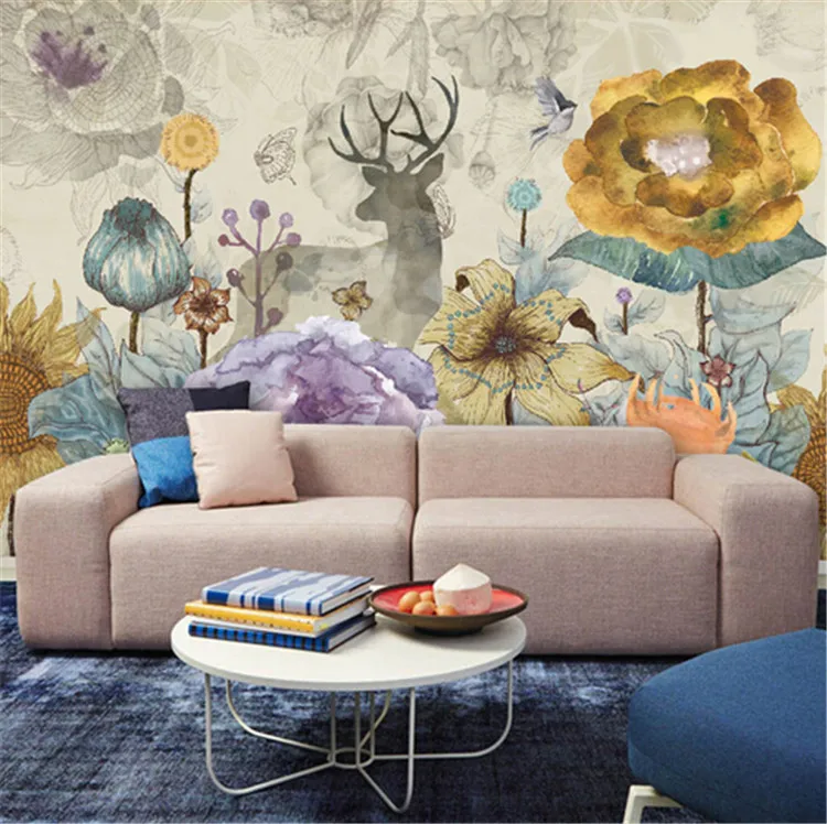 

Custom vintage flowers and elk deer design wall mural on the wall for meeting room living room sofa background wall paper mural