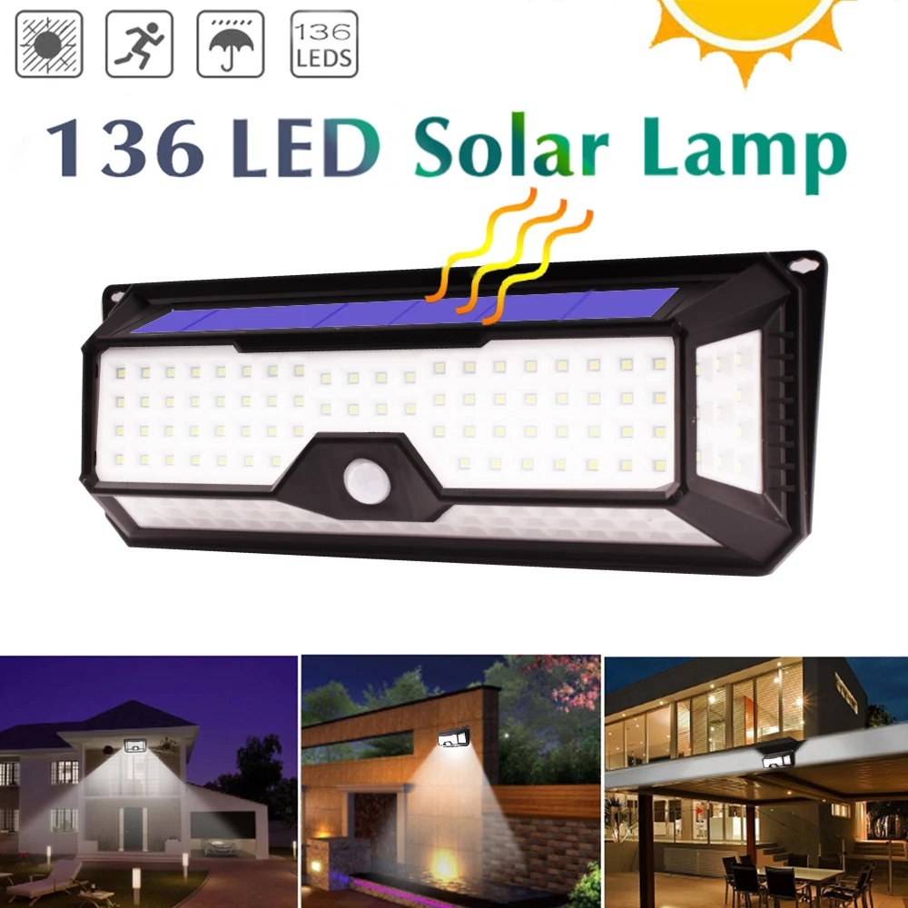 136 LED of 4 Sides New Solar Powered Light Outdoor Waterproof Garden 3 Mode LED Solar Lamps Pir Motion Sensor Security Wall Lamp
136 LED of 4 Sides New Solar Powered Light Outdoor Waterproof Garden 3 Mode LED Solar Lamps Pir Motion Sensor Security Wall Lamp
