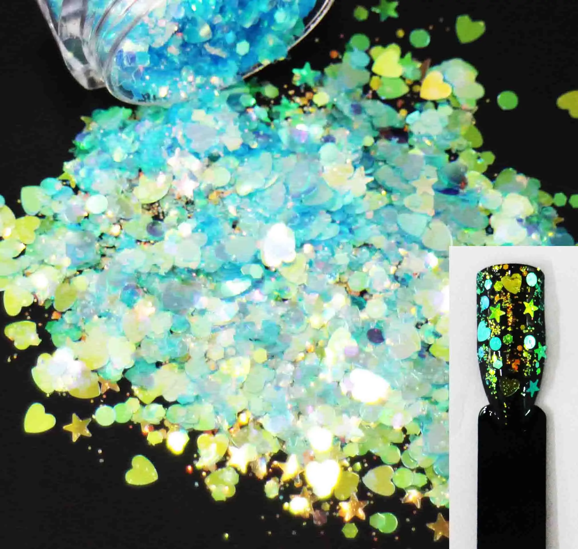30g/pack, 12 Colors! Mix Stars/Hearts/Rounds/Hexagons Sequins, Iridescent Rainbow Shining Slices 3D nail art glitters paillettes
30g/pack, 12 Colors! Mix Stars/Hearts/Rounds/Hexagons Sequins, Iridescent Rainbow Shining Slices 3D nail art glitters paillettes