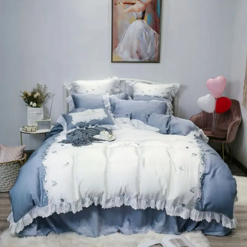 Princess style soft tencel embroidery bed linen Soft Satin bedding ruffles duvet cover pillowcases bedspreads 1/4/6pcs sets
Princess style soft tencel embroidery bed linen Soft Satin bedding ruffles duvet cover pillowcases bedspreads 1/4/6pcs sets