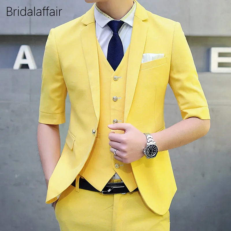 KUSON Men Suit Set Short Sleeves Blazer Yellow Tuxedo Slim Fit Suits for Wedding Prom 3Pcs Mens Formal (Jacket+Pants+Vest) |