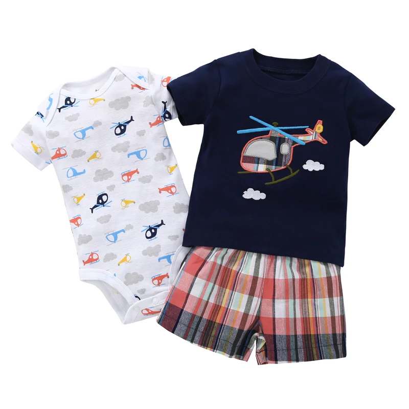 3 piece clothing set baby boy fashion 2018 summer plane pattern short sleeves T-shirt/romper+shorts baby clothing cotton