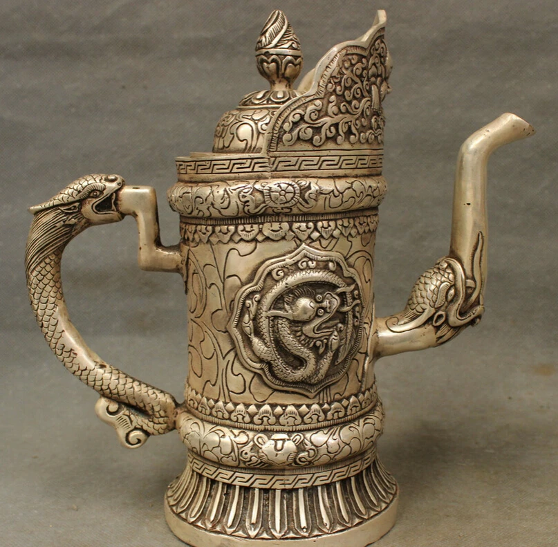 S5049 9" Marked Tibet Silver Buddhism Dragon Head Statue Wealth Bottle Wine Pot Teapot D0317
S5049 9" Marked Tibet Silver Buddhism Dragon Head Statue Wealth Bottle Wine Pot Teapot D0317