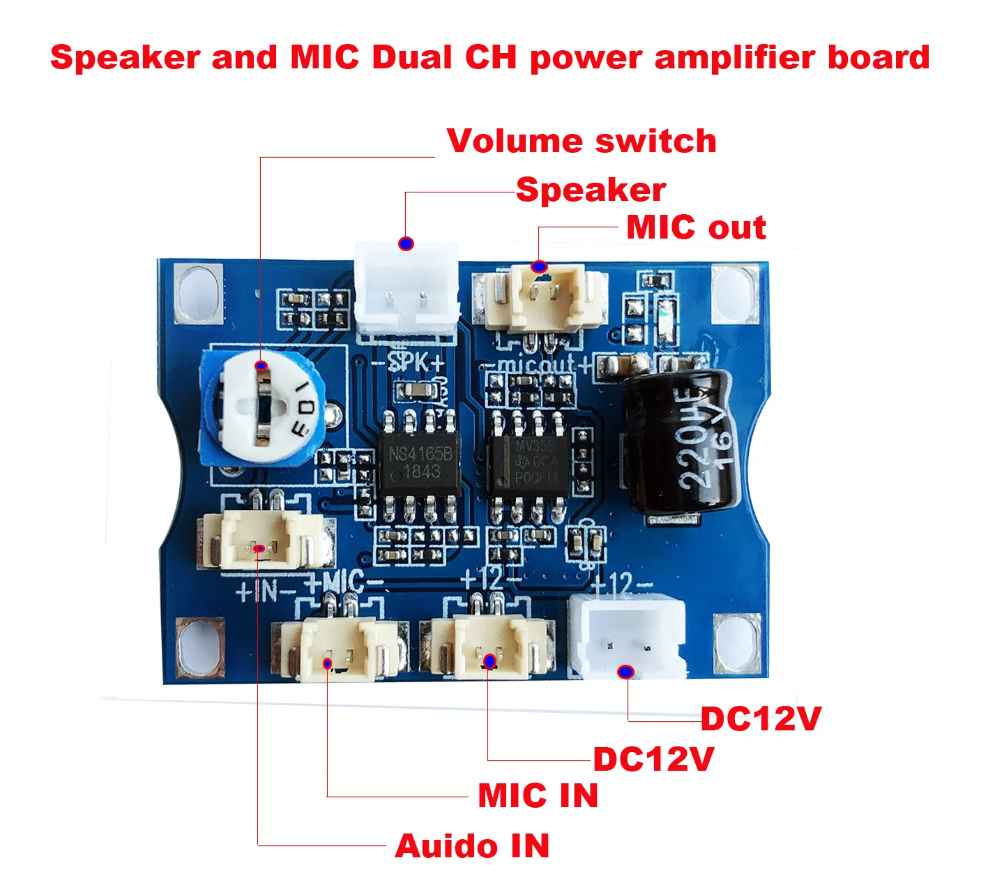 DC12V speaker and MIC Two-channel audio power amplifier board MAX support 10W Speaker 100X amplification MIC amplification
DC12V speaker and MIC Two-channel audio power amplifier board MAX support 10W Speaker 100X amplification MIC amplification