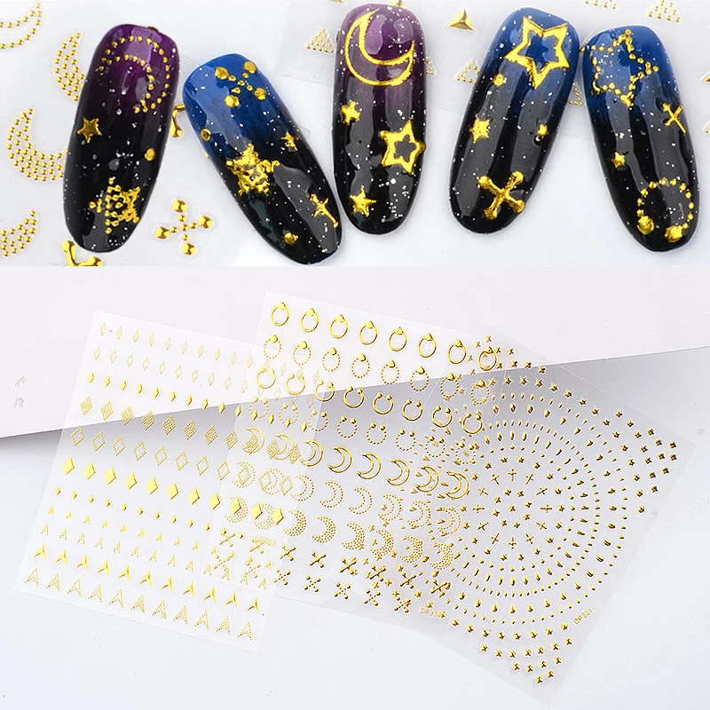 1 Sheet Metallic Nail Art Stickers Mixed Moon/Star/Arrow/Triangle Geometric Patterns 3d Gold Hollow Adhesive Sticker Decorations
1 Sheet Metallic Nail Art Stickers Mixed Moon/Star/Arrow/Triangle Geometric Patterns 3d Gold Hollow Adhesive Sticker Decorations