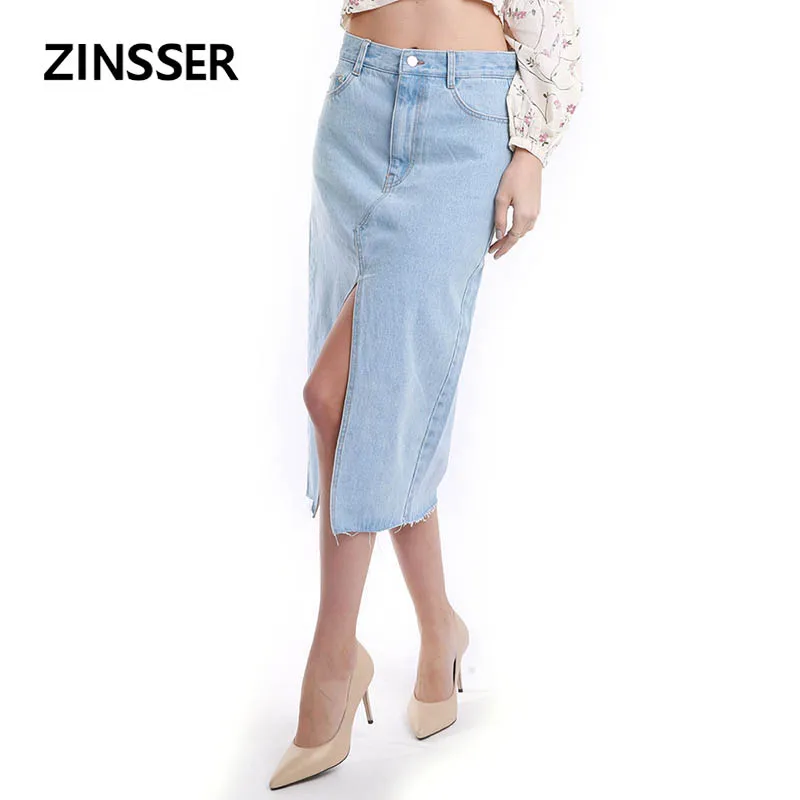 

Autumn Winter Women Denim Fancy Skirt Front Split Long Casual Raw Frayed Bottom 100% Cotton Washed Blue Black Female Lady Skirt