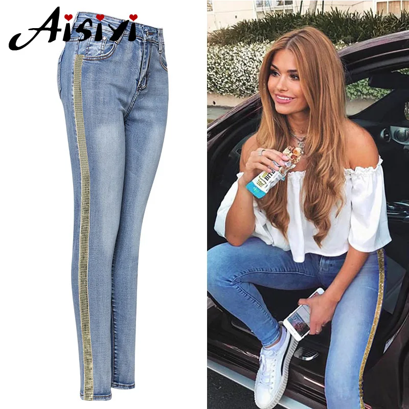 Patchwork Skinny Sequined Jeans with Stripes for Women Denim Trouser Jeans Female Stretch Pencil Pants Side Striped Blue Jeans
Patchwork Skinny Sequined Jeans with Stripes for Women Denim Trouser Jeans Female Stretch Pencil Pants Side Striped Blue Jeans