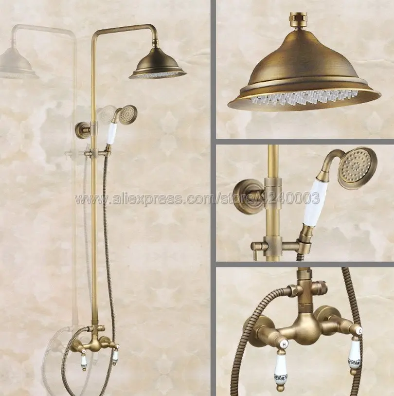 Antique Brass Shower Faucet 8" Rainfall Shower Head Dual Handles with Handshower Kan106
Antique Brass Shower Faucet 8" Rainfall Shower Head Dual Handles with Handshower Kan106