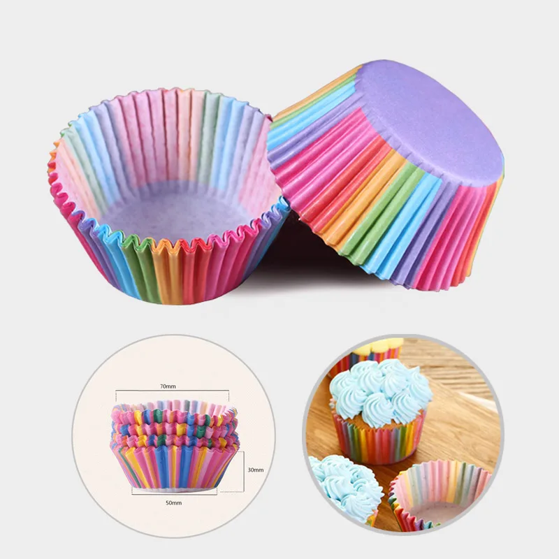 100PCS//SET Rainbow Style Paper Cake Forms Cupcake Liner Baking Muffin Box Cup Case Party Cake Decoration Cupcake Paper