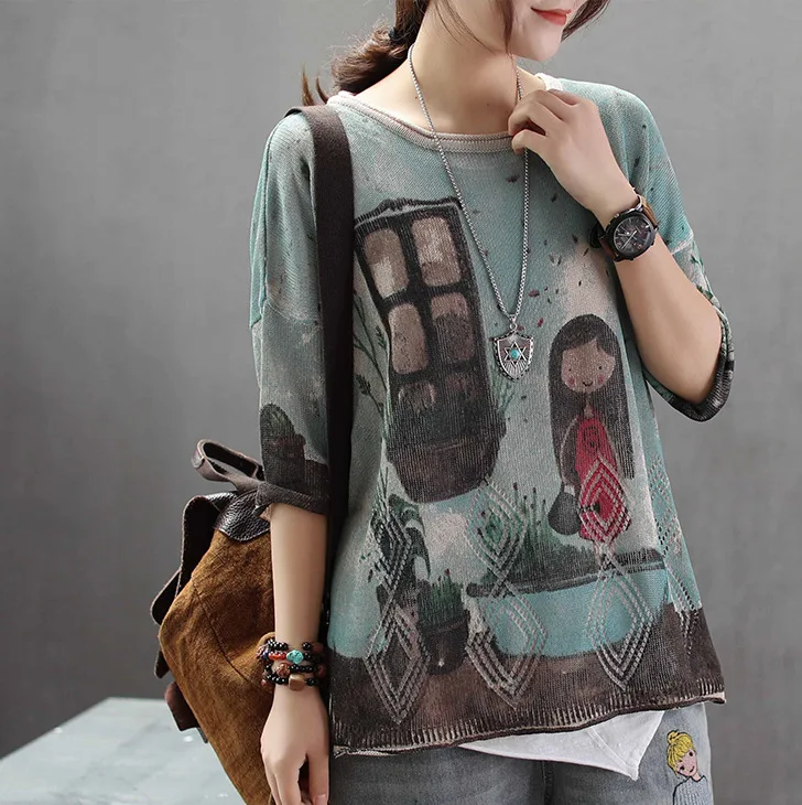 2019 summer new ethnic style retro knit T-shirt literary printed linen tee top women
2019 summer new ethnic style retro knit T-shirt literary printed linen tee top women