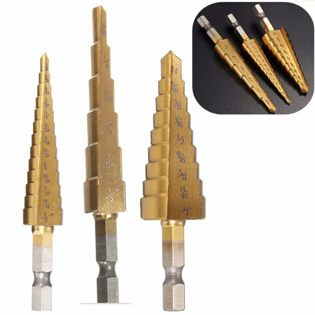 3pcs/lot Step Drill Bits Set HSS Step Drills 1/4 Inch Hexagon Shank Drill Bit for metal 3/16-1/2 1/8-1/2 1/4-3/4 Inch 
3pcs/lot Step Drill Bits Set HSS Step Drills 1/4 Inch Hexagon Shank Drill Bit for metal 3/16-1/2 1/8-1/2 1/4-3/4 Inch