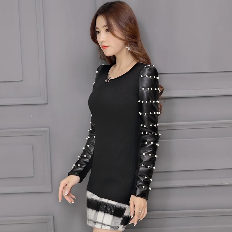 Fashion sweaters for woman autumn and winter warm wear Faux Leather patchwork beading thicken top long sleeve pullover
Fashion sweaters for woman autumn and winter warm wear Faux Leather patchwork beading thicken top long sleeve pullover