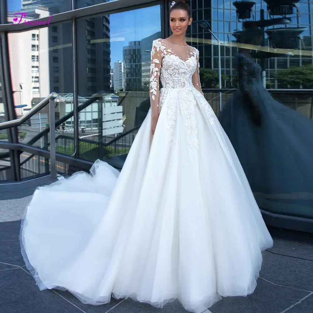 Fsuzwel Gorgeous Appliques Long Sleeve A-Line Wedding Dresses 2019 New Arrival O-Neck Button Court Train Bridal Gown Plus Size
Fsuzwel Gorgeous Appliques Long Sleeve A-Line Wedding Dresses 2019 New Arrival O-Neck Button Court Train Bridal Gown Plus Size