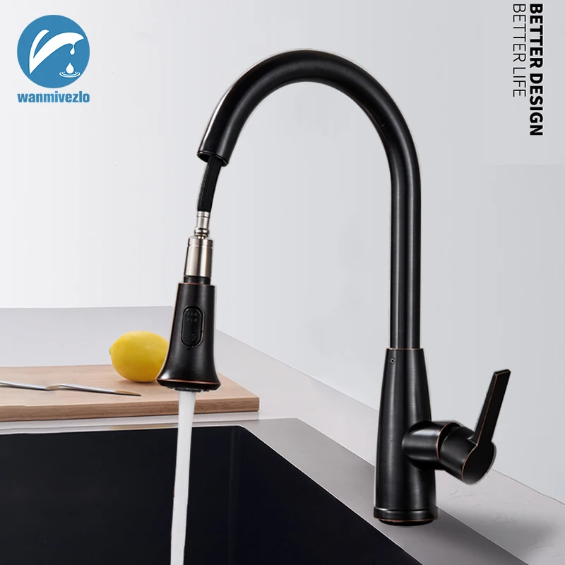 Black Bronze Pull Out Kitchen Sink Faucet Brass Swivel Spray 2 Function Spout Single Hole Hot and Cold Water Taps
Black Bronze Pull Out Kitchen Sink Faucet Brass Swivel Spray 2 Function Spout Single Hole Hot and Cold Water Taps