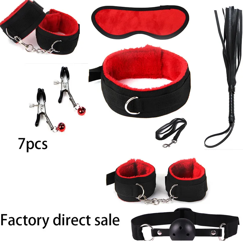 7 Pcs/Set Nylon Tying Erotic Toys For Adults Sex Sm Handcuffs Nipple Clamps Whip Mouth Gag Sex Mask Bdsm Bondage Set