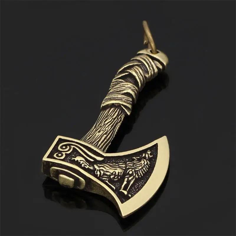 

Nordic Viking Handle Axe Pendant Necklace Wolf Raven Double-sided Rune Silver Ancient Bronze Axe Necklace