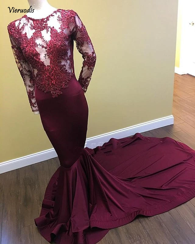 Burgundy Long Sleeves Satin Mermaid Long Prom Dresses 2019 Lace Appliques Beaded Sweep Train Formal Party Evening Dresses
Burgundy Long Sleeves Satin Mermaid Long Prom Dresses 2019 Lace Appliques Beaded Sweep Train Formal Party Evening Dresses