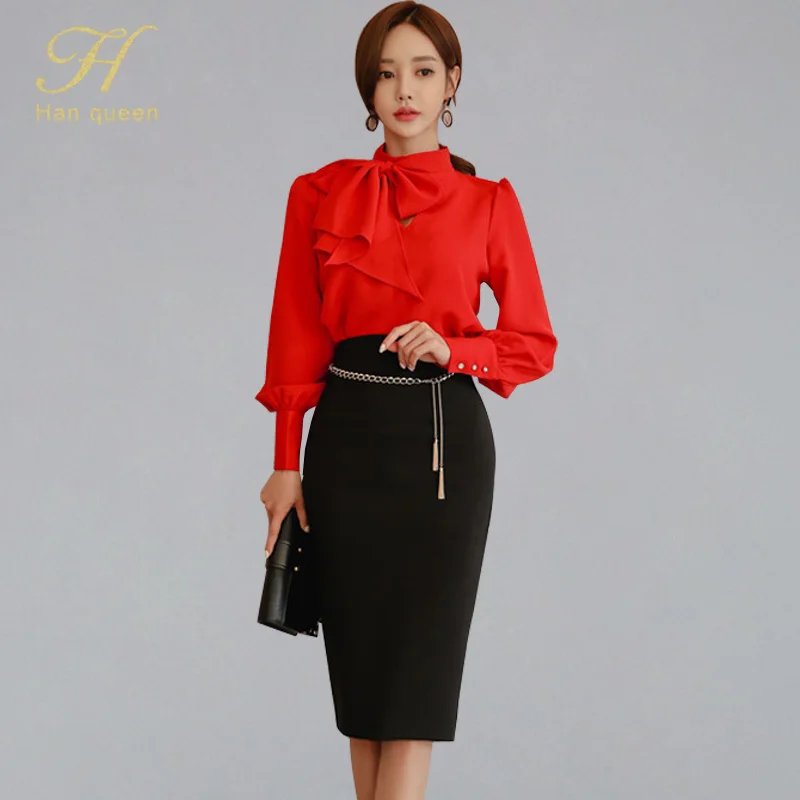 H Han Queen Women 2019 Spring OL 2-piece Suits Elegant Vintage Lace Up Shirt Top + Sexy High Waist Pencil Bodycon Skirt Work Set
H Han Queen Women 2019 Spring OL 2-piece Suits Elegant Vintage Lace Up Shirt Top + Sexy High Waist Pencil Bodycon Skirt Work Set