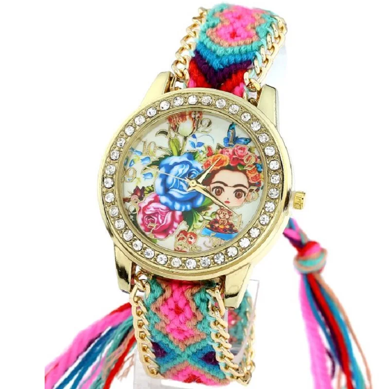 

Gnova platinum Watch Women vintage Girl Blue Roses Rhinestone Style dial Fashion wristwatch Lace Gold Chain Braid Reloj A353