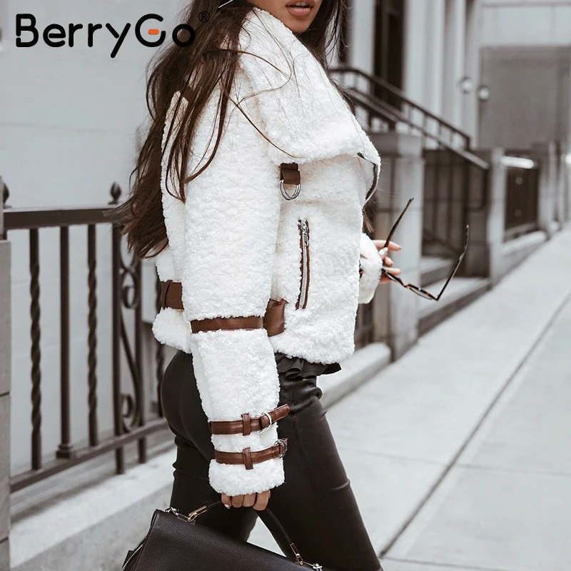 BerryGo отложной воротник на Молнии Теплое ворсистое пальто парка пояс белая