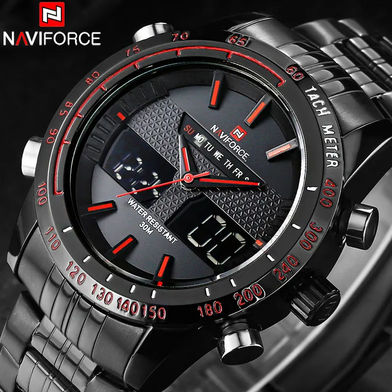 

NAVIFORCE Brand Mens 30M Waterproof Sport Watch Men Stainless Steel Analog Digital LED Watches Dual Time Clock Relogio Masculino