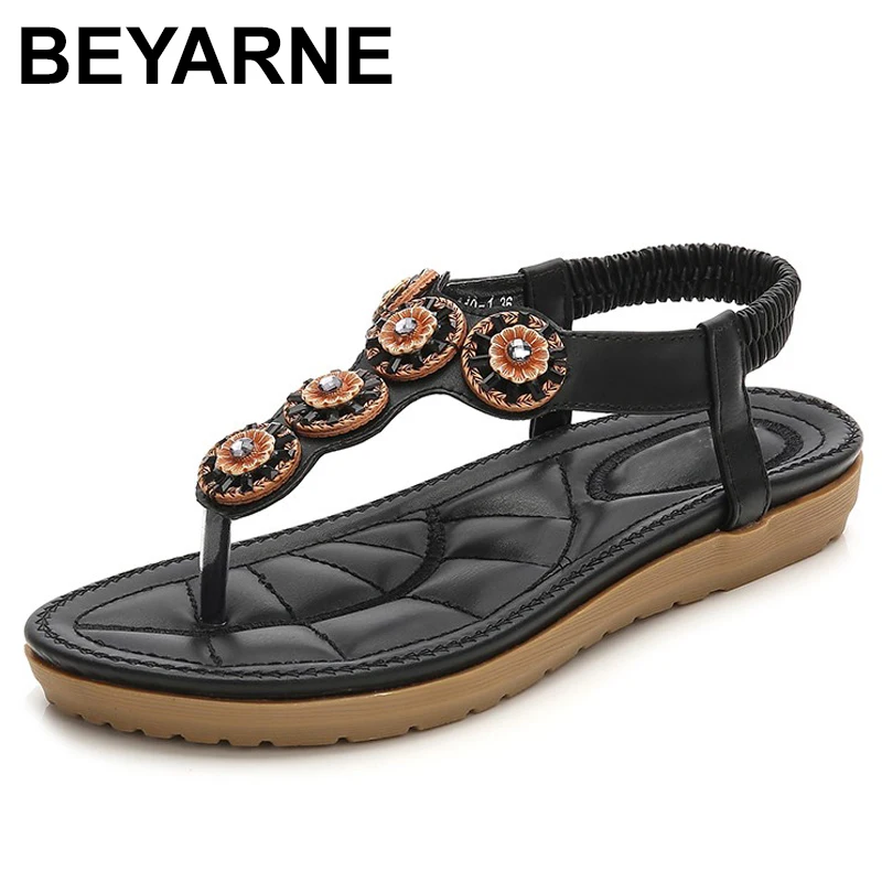 

BEYARNE 2019 Summer Women Casual Flat Gladiator Sandals Shoes Woman Bohemia Flip Flop Crystal Bead Female Soft Beach SandalsE678