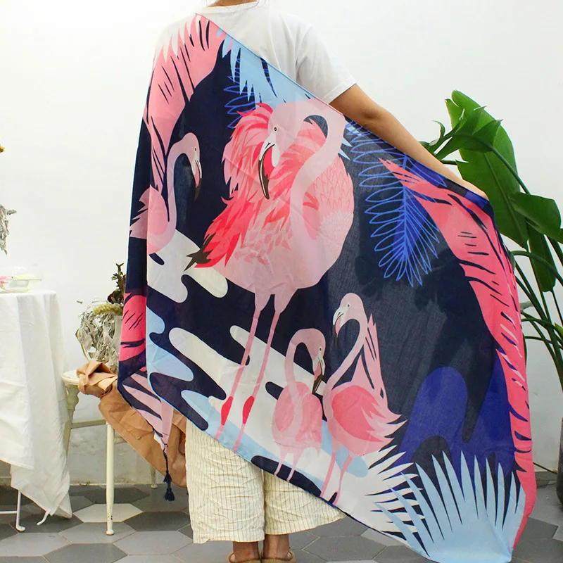 

Flamingo printed cotton and linen scarf summer idyllic fringe decoration sunscreen shawl thin silk scarf beach scarf keep warm