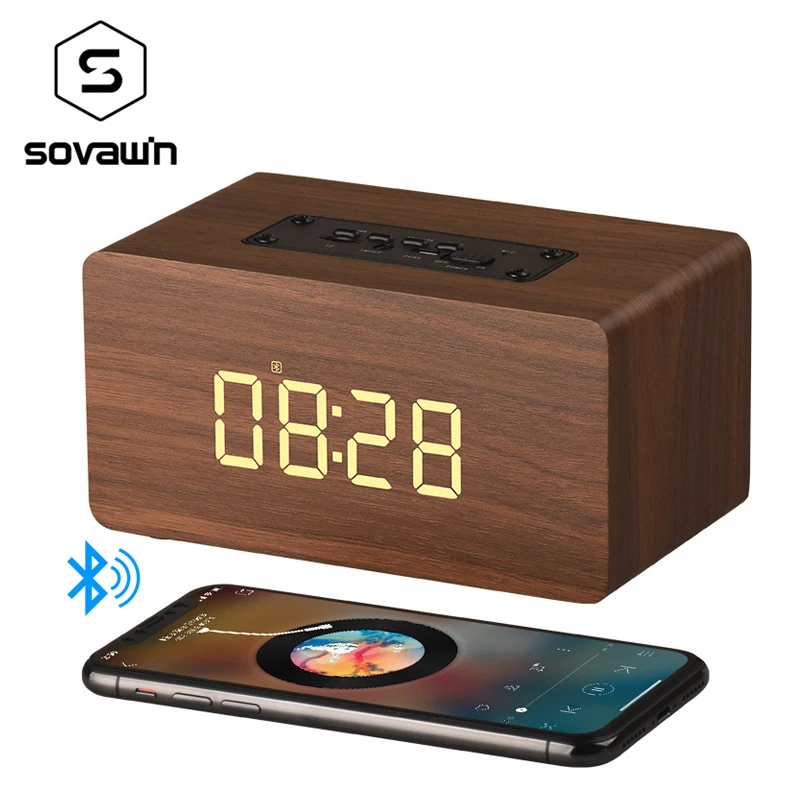 Деревянный беспроводной динамик Sovawin Bluetooth цифровой будильник Hi Fi портативный